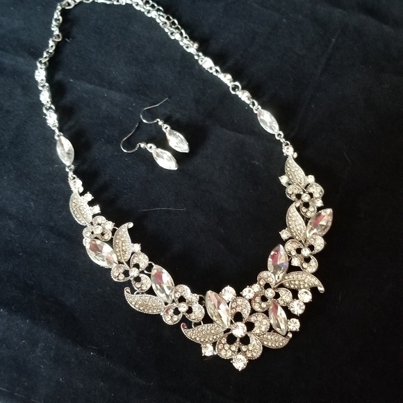 Prom Wedding Rhinestones crystal Necklace Earring Set silver - Picture 2 of 10